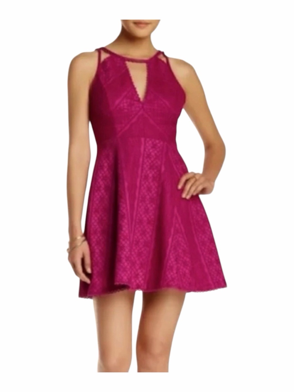 Free People Miss Connections Lace Mini Dress Magenta | Fit Flare | Sz. 4 | EUC